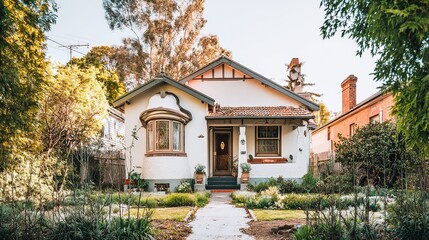 Fototapeta premium A charming suburban house with a clean white facade and sunny front yard, representing peaceful suburban living