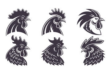 Set of Black and White Rooster Head Illustrations. Stylized Chicken Mascot Designs for Logos, Labels, Badges, and Farm Branding Concepts