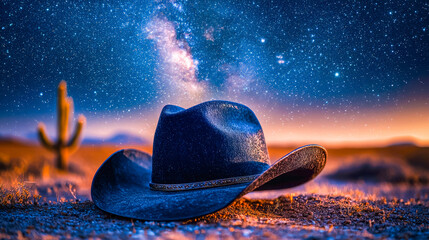 Cowboy hat beneath a Starry night sky in a desert landscape