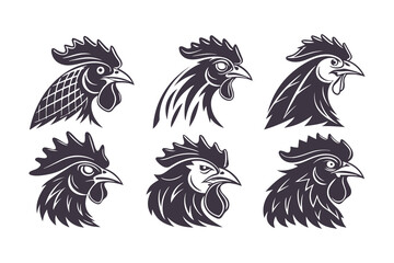 Fototapeta premium Set of Black and White Rooster Head Illustrations. Stylized Chicken Mascot Designs for Logos, Labels, Badges, and Farm Branding Concepts