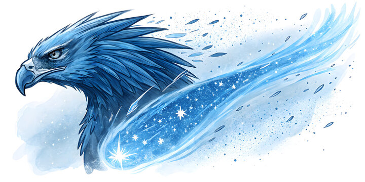 Blue eagle clothing print, hippogriff with meteor wing, bird and blue meteorite on white background, cool mythical creature t-shirt print