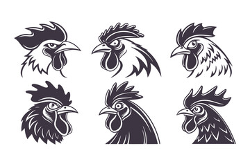 Set of Black and White Rooster Head Illustrations. Stylized Chicken Mascot Designs for Logos, Labels, Badges, and Farm Branding Concepts