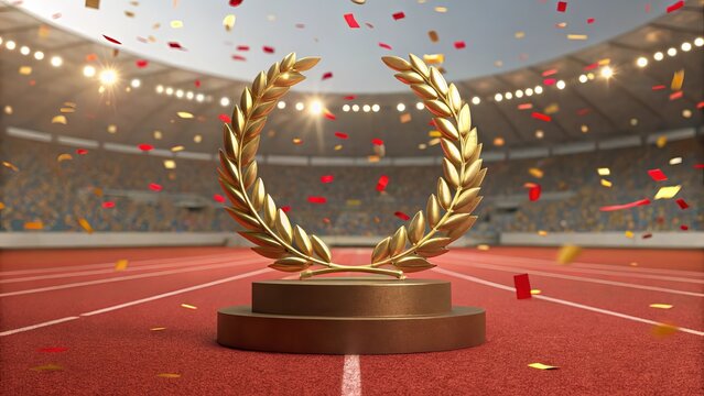 Golden laurel wreath trophy on podium with confetti and stadium crowd at sunset