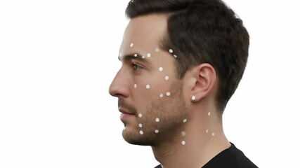 Man with Facial Motion Capture Markers Rotates Head on White Background. - Powered by Adobe