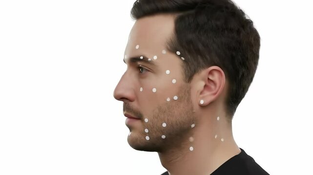 Man with Facial Motion Capture Markers Rotates Head on White Background.