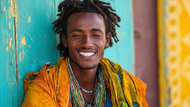 Joyful man with dreadlocks smiles broadly