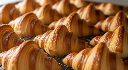 A close-up background of many delicious, flaky, and golden butter croissants piled together