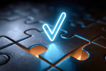 Glowing check mark above puzzle piece symbolizing solution, success, completion, accuracy, goal achievement, and right decision. Copy space