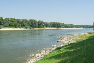 A calm view of the Danube river with a rocky and grassy bank, a distant forested shoreline, and a...