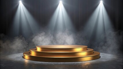 Empty golden tiered podium illuminated by dramatic spotlights in a smoky atmosphere