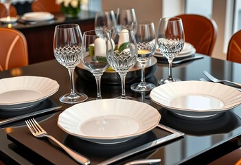 Fototapeta premium Elegant porcelain plates, crystal glasses, and modern geometric cutlery set on a dining table, product photography, luxury