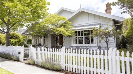 Fototapeta premium A charming suburban house with a clean white facade and sunny front yard, representing peaceful suburban living