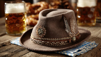 Traditional Bavarian Hat with Feathers and Beer. AI Generative