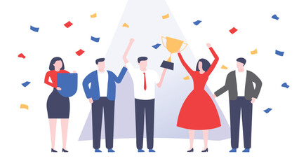 Team celebrating success with trophy and confetti, symbolizing achievement and collaborative effort shown