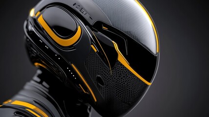 A futuristic helmet design featuring sleek black and vibrant yellow accents, ideal for promotional materials in tech or automotive industries, It symbolizes innovation, safety, and modern aesthetics,