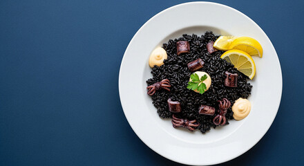 Spanish Black Rice (Arroz Negro) with Deep Ocean Blue Background