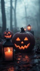 Spooky Halloween pumpkins illuminated in a foggy forest setting