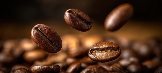Fototapeta premium The Floating Coffee Beans Against a Rich Dark Background