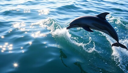 Dolphins leap and chase, sunlight sparkling on water,  bright,  underwater
