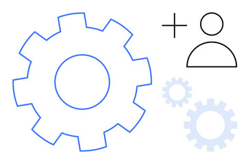 Gear and user profile outline with a plus sign, symbolizing teamwork, collaboration, integration, innovation. Ideal for business, productivity, management, technology brainstorming partnership