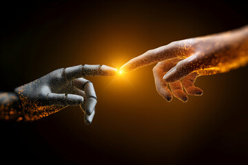 Fototapeta premium Two digital hands composed of glowing particles nearly touch, symbolizing connection and technology with a bright spark at the fingertips.