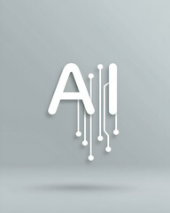 Minimalistic "AI" letters with circuit-like lines extending downwards on a grey background, symbolizing artificial intelligence and technology integration.