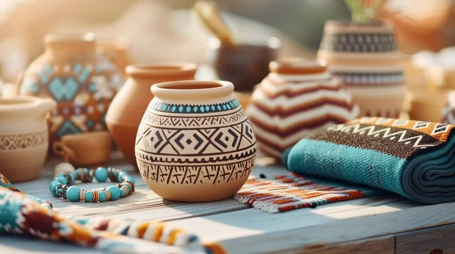Colorful Native American pottery and traditional crafts on outdoor market table in warm sunlight