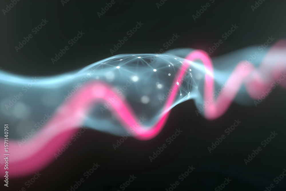 Poster a digital abstract visualization featuring a glowing network globe with connected nodes and a flowin