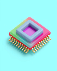 Colorful stacked microchips with gold connectors on a light blue background, representing modern electronics and technology in a vibrant 3D style.