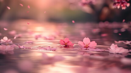 Delicate pink blossoms on a tranquil water surface.