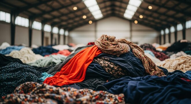 Large amounts of used clothing are being stored in a warehouse, creating a massive pile of textiles representing overconsumption and the fast fashion industry