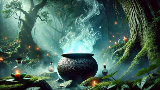 Witch&rsquo;s cauldron bubbling with glowing blue potion in magical forest. Halloween themed mystical spell with smoke for horror footage.