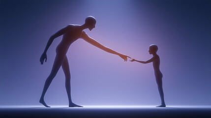 Silhouetted figures of a tall adult and a small child reaching out to touch fingers, symbolizing connection and guidance in a minimalistic, glowing environment.
