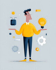 A man balances a microchip and a glowing light bulb, symbolizing innovation and technology amidst gears and creative elements.