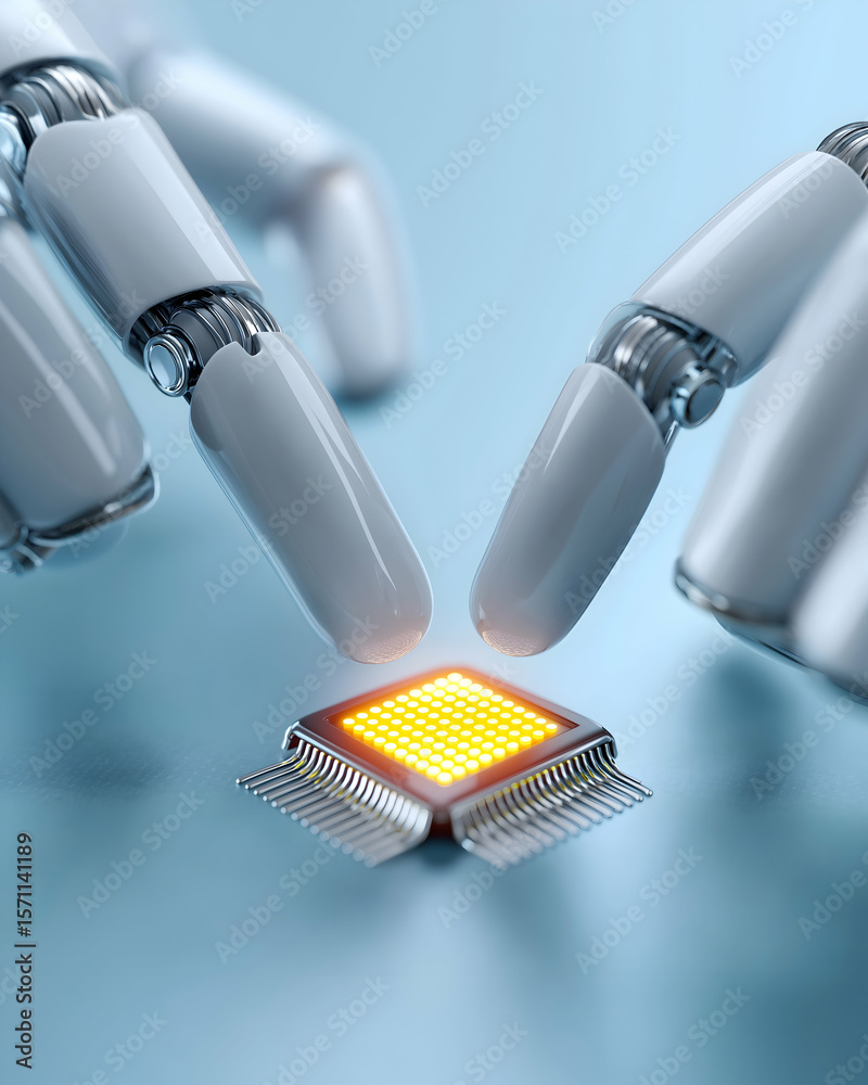 Aufkleber two robotic fingers are poised above a glowing microchip on a smooth surface, symbolizing advanced t