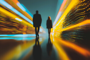 Two silhouetted figures walk through a vibrant urban tunnel with dynamic light trails creating a futuristic, motion-filled atmosphere.
