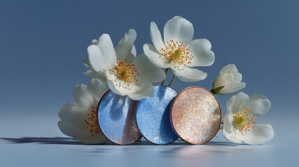 Jar Of Duochrome Eyeshadow Surrounded By White Cherry Blossom Flowers