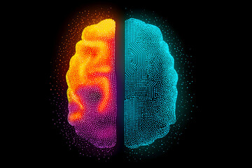 A digital illustration of a human brain split into two halves, one glowing orange and the other blue with circuit-like patterns, symbolizing creativity and technology.