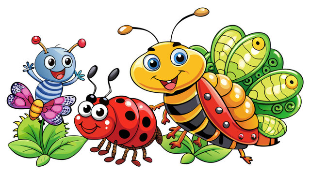 Cute cartoon ladybug bee, butterfly, caterpillar, ant isolated on a white background