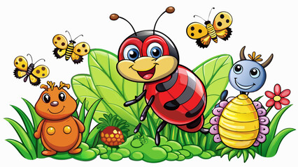 Obraz premium Cute cartoon ladybug bee, butterfly, caterpillar, ant isolated on a white background