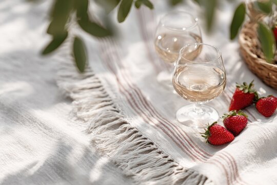Sunlit picnic scene showcasing elegant glasses, fresh strawberri