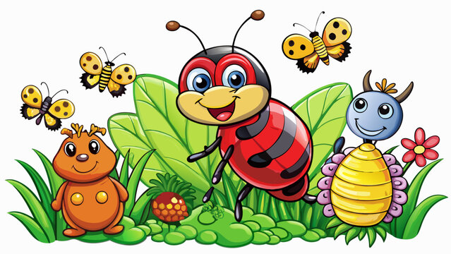 Cute cartoon ladybug bee, butterfly, caterpillar, ant isolated on a white background