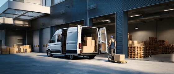 The delivery van being loaded with packages at a modern warehouse.