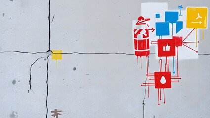 Urban Canvas: A weathered concrete wall adorned with vibrant, modern graphics and abstract design. The dynamic combination of the textures.