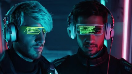 Gamers wearing futuristic glasses and headphones in neon lit room - Powered by Adobe
