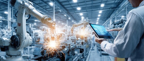 The robotic arms performing automated tasks in a modern manufacturing facility.