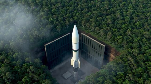 An overhead view of a hidden missile silo embedded deep within a dense tropical jungle, with the silo doors open and a large strategic rocket standing upright, ready for launch. Mist and forest canopy