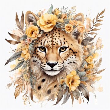 Wild leopard adorned with floral accents creates a captivating harmony of nature and beauty
