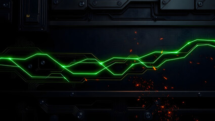 Futuristic Energy Grid: Glowing green energy pulses through a metallic grid in a dark industrial setting, evoking a sense of technological power and innovation.