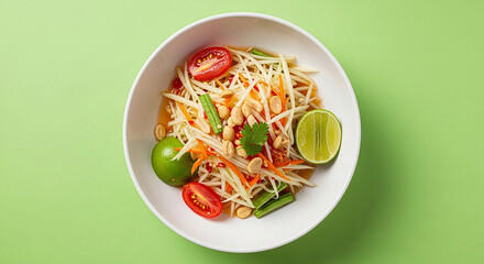Thai Green Papaya Salad with Fresh Lime Green Background